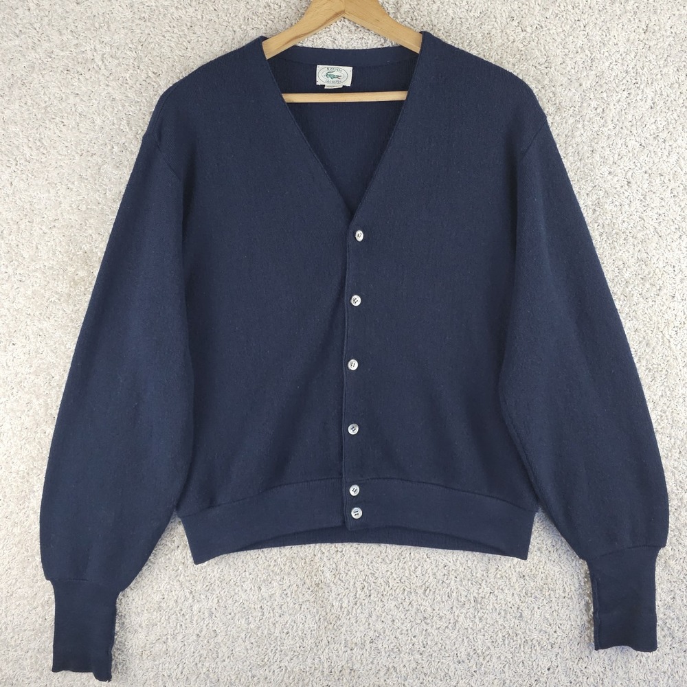 Vintage Izod Lacoste Sweater Mens Large Cardigan Navy Made USA Grandpacore